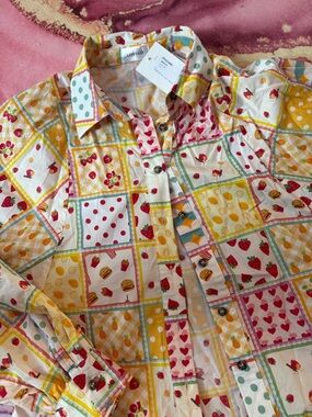 Love Multicolor Patchwork Print Button-Up Blouse